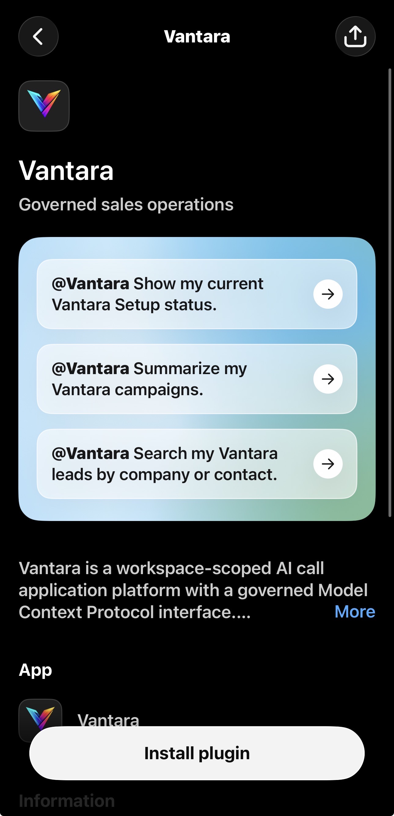Vantara's ChatGPT plugin listing with example prompts and the Install plugin button